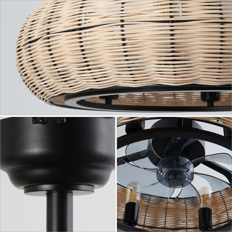 Cassidy 6-Light Modern Bohemian 6-Speed Metal Rattan Mobile-App Remote-Controlled Height-Adjustable Lantern LED Ceiling Fan