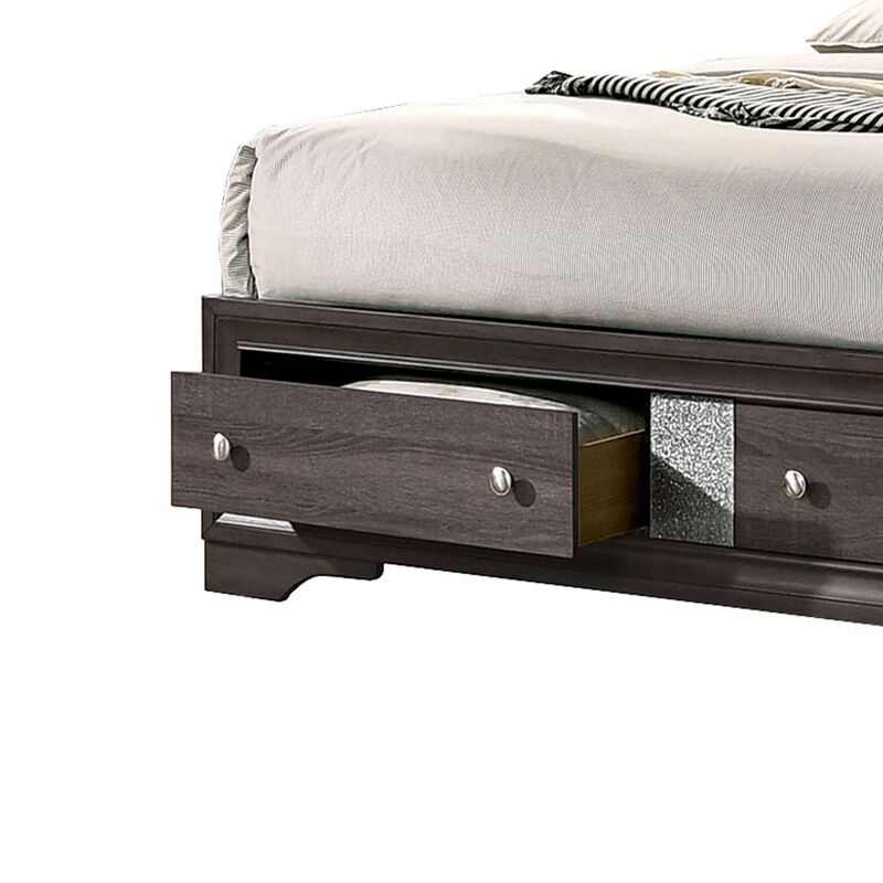 Queen Bed with Plank Headboard and 2 Drawers, Brown and Silver-Benzara