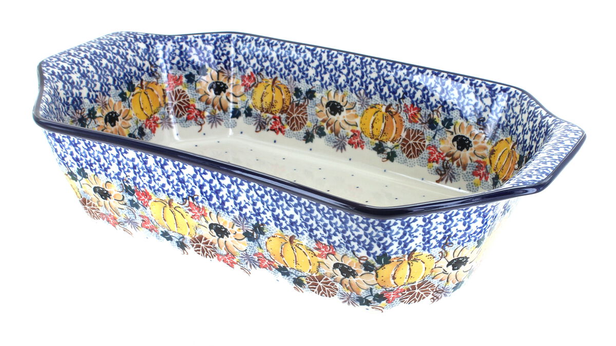 Blue Rose Polish Pottery Hummingbird Deep Baker with Handles