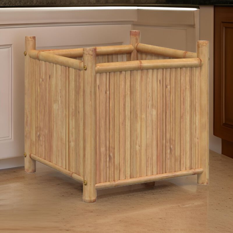 Outdoor Planter, Raised Design, 20 Inch Natural Brown Bamboo Finish - Benzara