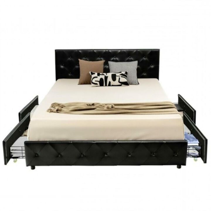Hivvago Full Size Black PU Leather Button Tufted Platform Bed with 4 Storage Drawers