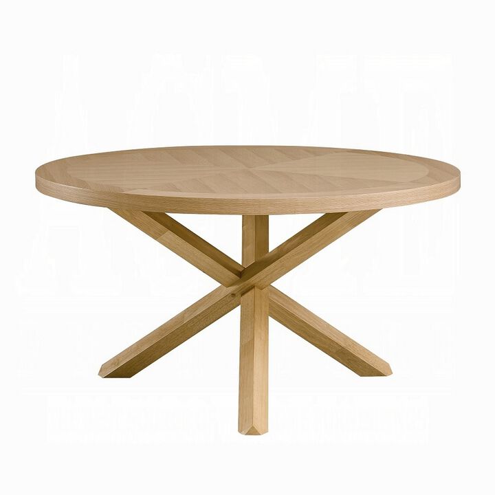 Semi Dining Table, 54 Inch Round Top, Cross Base, Oak Brown Finish - Benzara