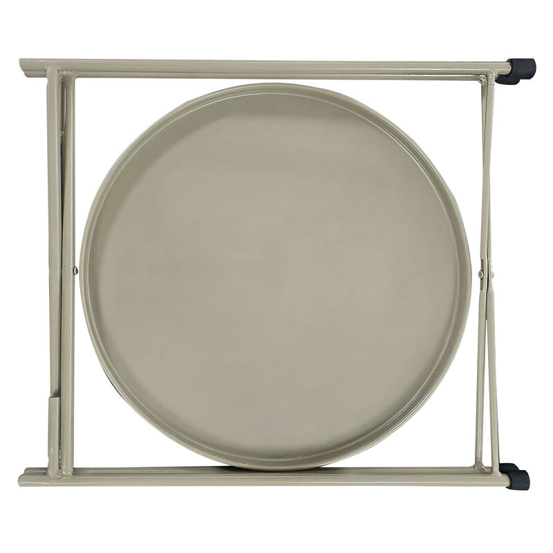 18 Inch Modern Side End Table, Round Metal Tray Top, Foldable Legs, Beige - Benzara