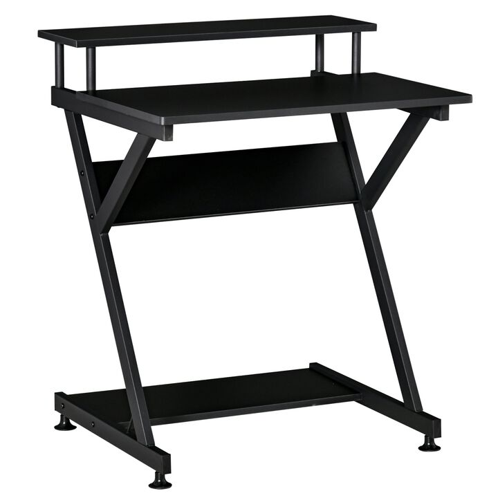 Black Home Office: Industrial R-Shaped Desk with Monitor Shelf