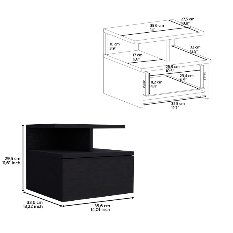 DEPOT E-SHOP Seward Floating Nightstand, Wall Mounted with Single Drawer and 2-Tier Shelf