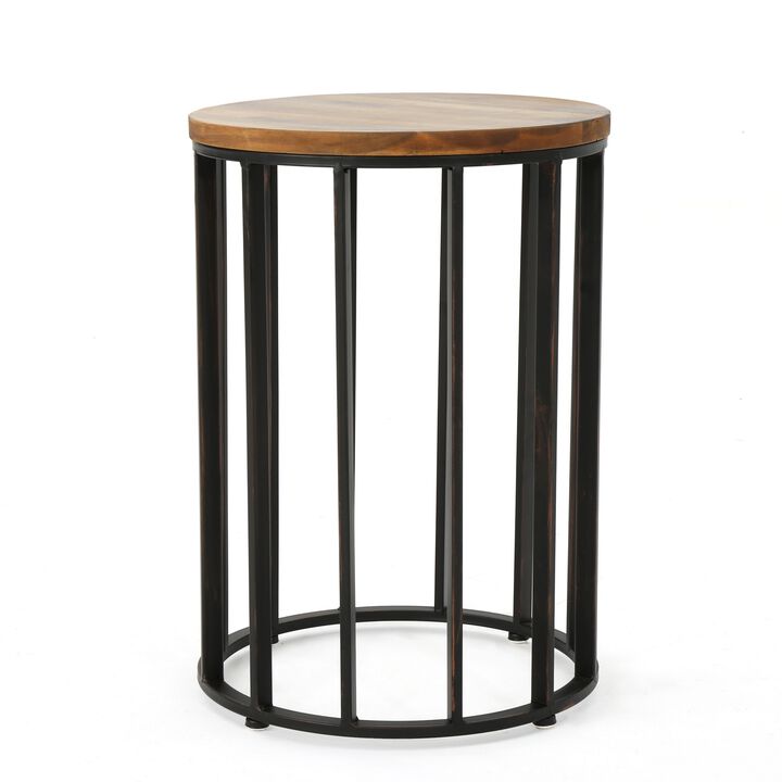 Outdoor Side End Table, 15 Inch Round Brown Wood Top, Black Iron Frame - Benzara
