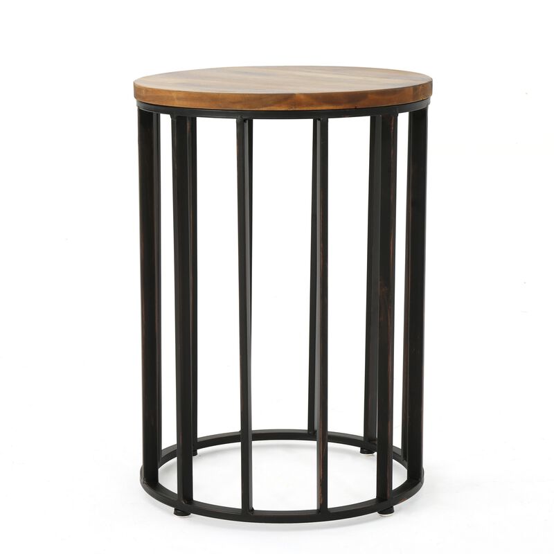 Outdoor Side End Table, 15 Inch Round Brown Wood Top, Black Iron Frame - Benzara