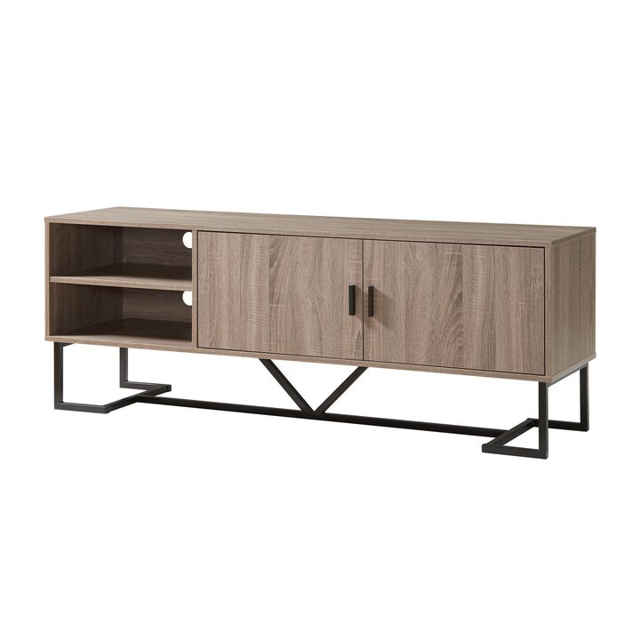 Bery 60 Inch TV Media Entertainment Console, 2 Door Cabinet, Taupe, Black - Benzara
