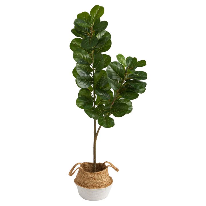 Hivvago 4.5 Feet Fiddle Leaf Fig Artificial Tree with Boho Chic Handmade Cotton & Jute White Woven Planter