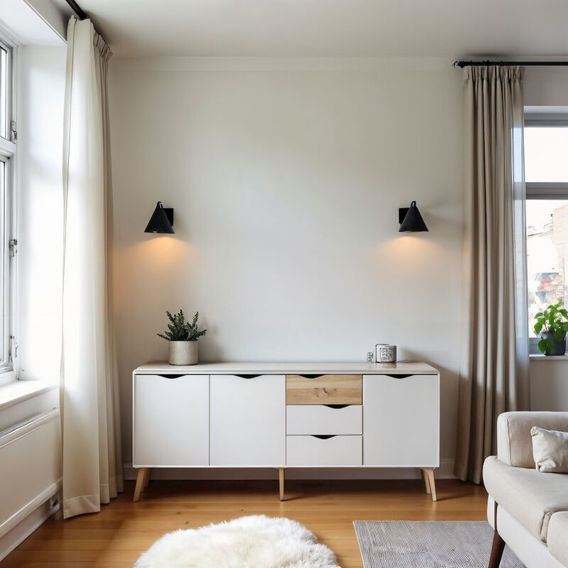 FurniFact White Sideboard Cabinet with Drawers - Stylish Fluted Cabinet for Storage