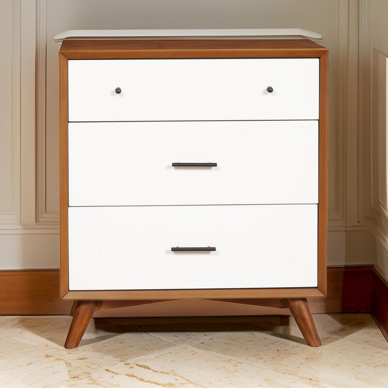 Modern Style Wooden Chest With Three Drawers and Flared Legs, Brown and White-Benzara