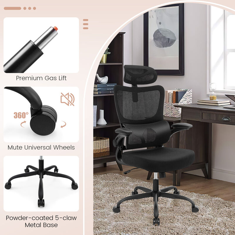 Mesh Office Chair with Adaptive Lumbar Support  Flip-up Armrests  Reclining Backrest-Black