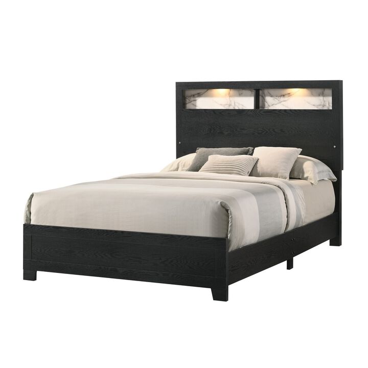 Yoh Queen Size Bed, Wood, Headboard with Lights and Shelves, Black - Benzara