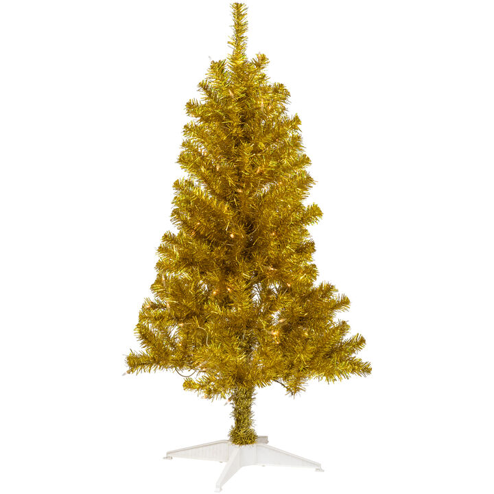 4' Pre-Lit Gold Iridescent Tinsel Slim Artificial Christmas Tree  Clear Lights