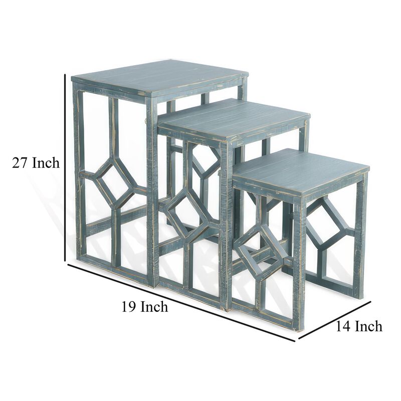 Rena 3 Piece Nesting Accent Table Set, Slatted, Rustic Green Mahogany - Benzara