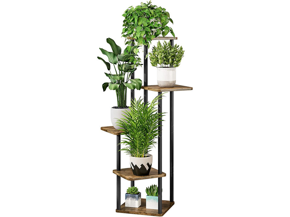 5 Tier-Black+Rustic Brown Shelving, Plant Stand, Interior Metal Flower Stand