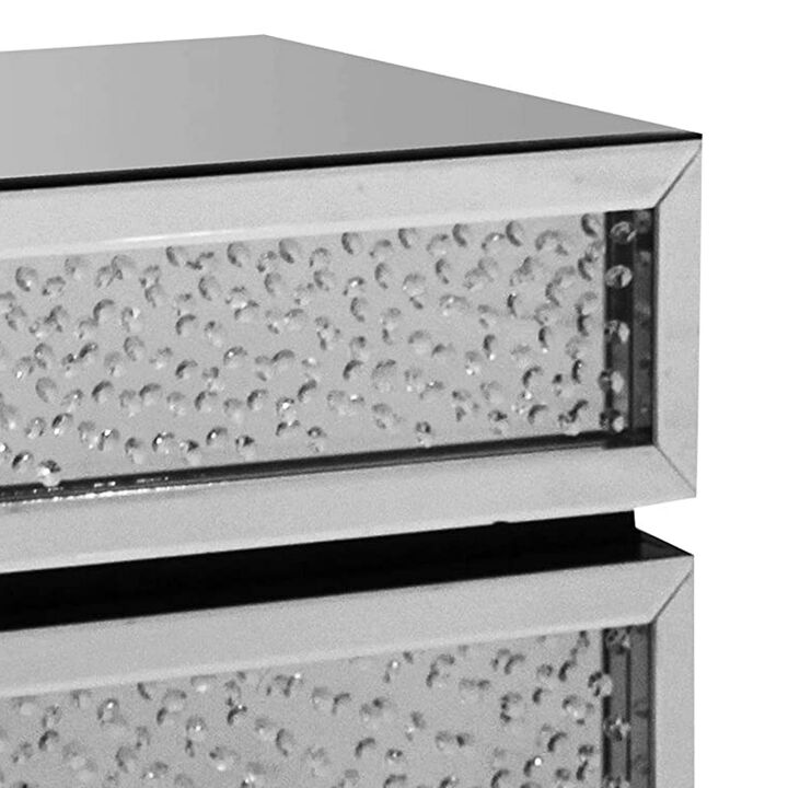 Pali 32 Inch Modern Nightstand Dresser Table, Faux Crystals, Mirror, Silver-Benzara