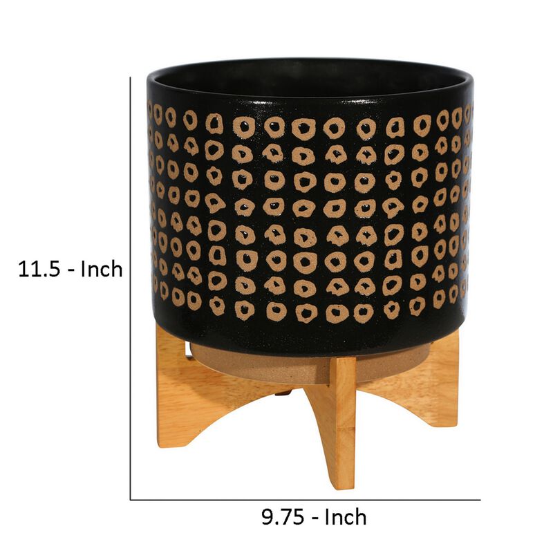 Planter with Wooden Stand and Abstract Design, Large, Black-Benzara