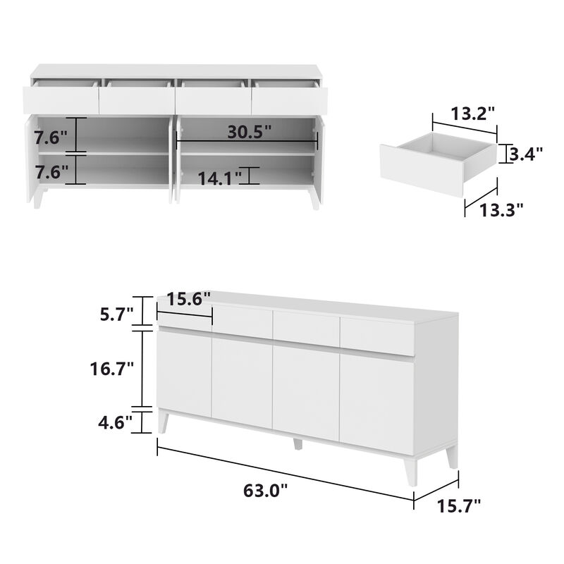 Sideboard Buffet Storage Cabinet with Doors and 4 Drawers, Kitchen Cupboard Cabinet with Adjustable Shelves in White