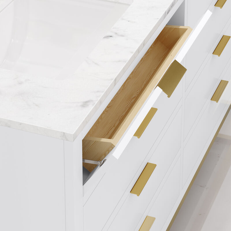 Bristol 60 In. Double Sink Carrara White Marble Countertop Bath Vanity in Pure White