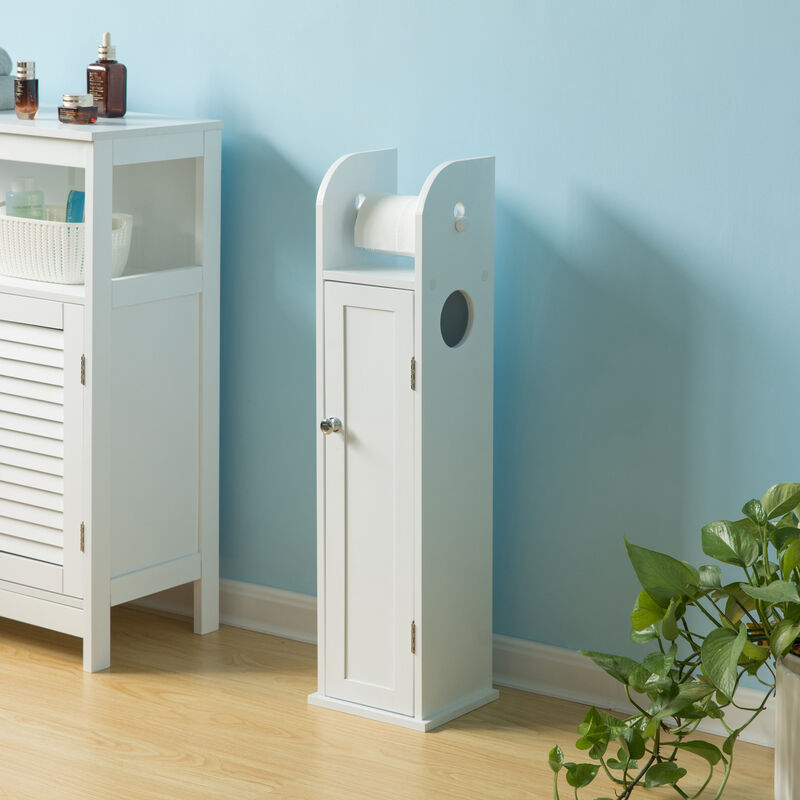 White Freestanding Bathroom Toilet Paper Roll Holder with Storage and Extra Slot For Tissue Roll