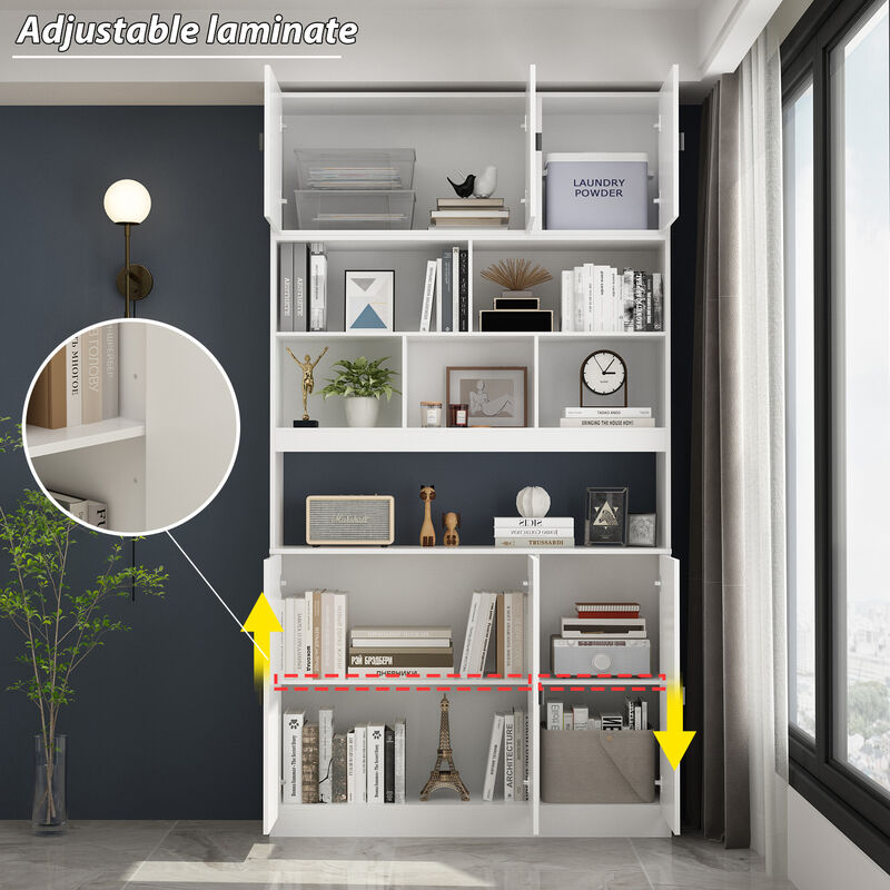 FUFU&GAGA Modern White Storage Shelf with Adjustable Shelves, P2 MDF, Glass Doors (47.2" W x 87.8" H x 12.2" D), White