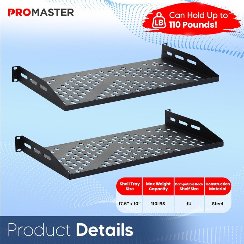 ThePromaster Server Vented Shelf - 2-Pack 19 Inches, 10'' Deep, 1U Universal Integration Server Vented Rack Mounting Tray For Good Airflow, Cantilever Mount, Device and Equipment Wall Mounting - Black