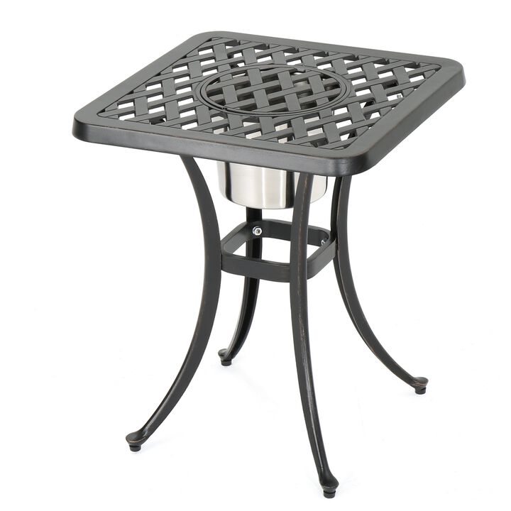 Outdoor Bistro Square Table with Built-In Ice Bucket, 21 Inch, Copper - Benzara