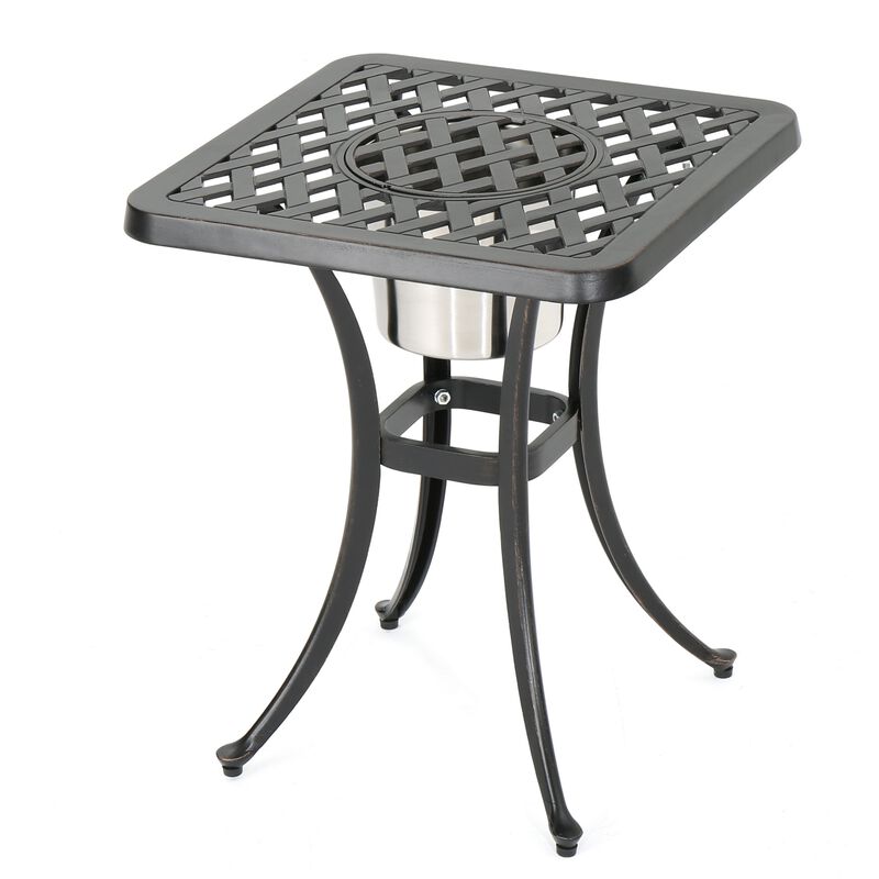 Outdoor Bistro Square Table with Built-In Ice Bucket, 21 Inch, Copper - Benzara