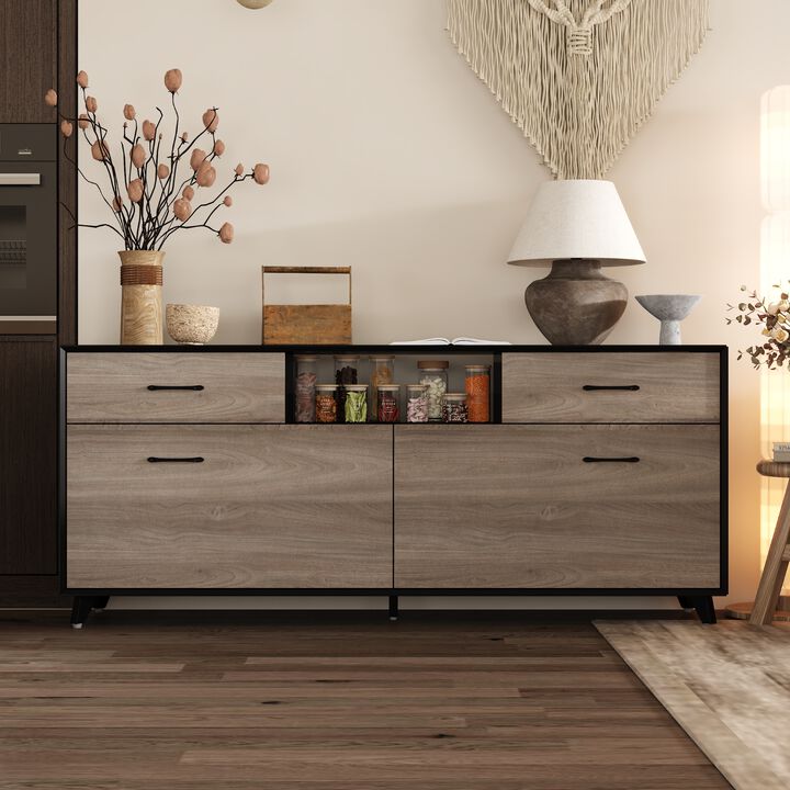 FUFU&GAGA 63" Modern TV Stand with Storage Drawers and Open Shelves, (63" W x 15.7" D x 26.8" H),Black and Brown