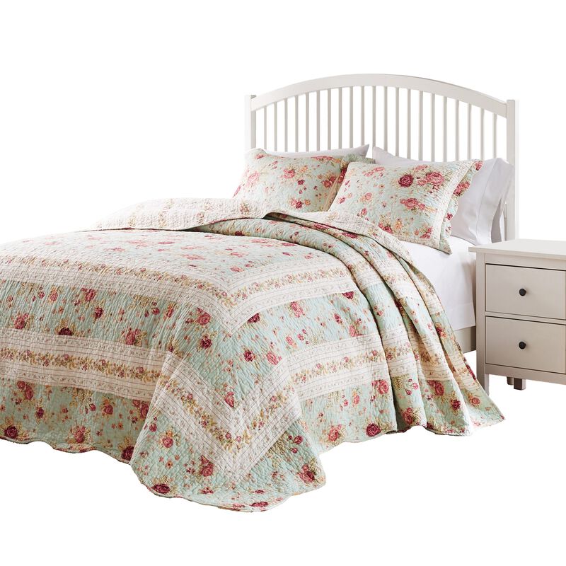 Rosle 3pc Queen Bedspread Set, 2 Shams, Reversible Rose Print, Blue Cotton