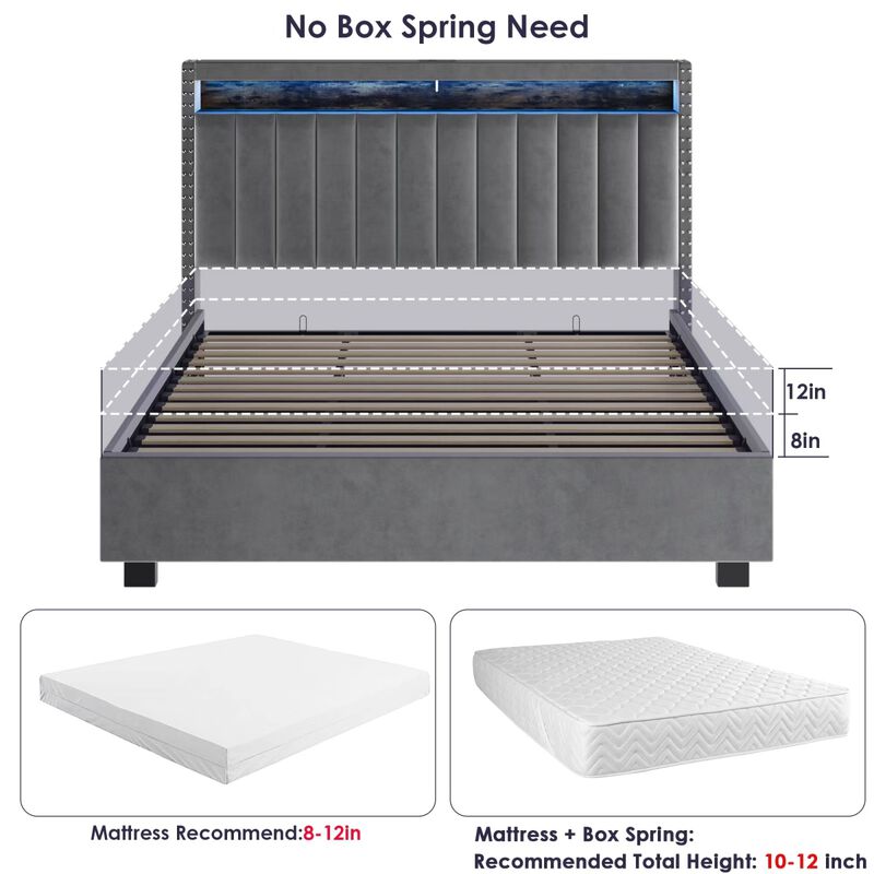 Luxury Gas Lift Storage Bed With Rf LED Lights, Storage Headboard, King Size, Velvet Grey