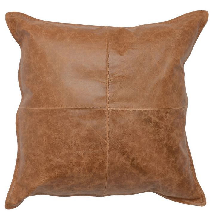 Square Leatherette Throw Pillow with Stitched Details, Brown-Benzara