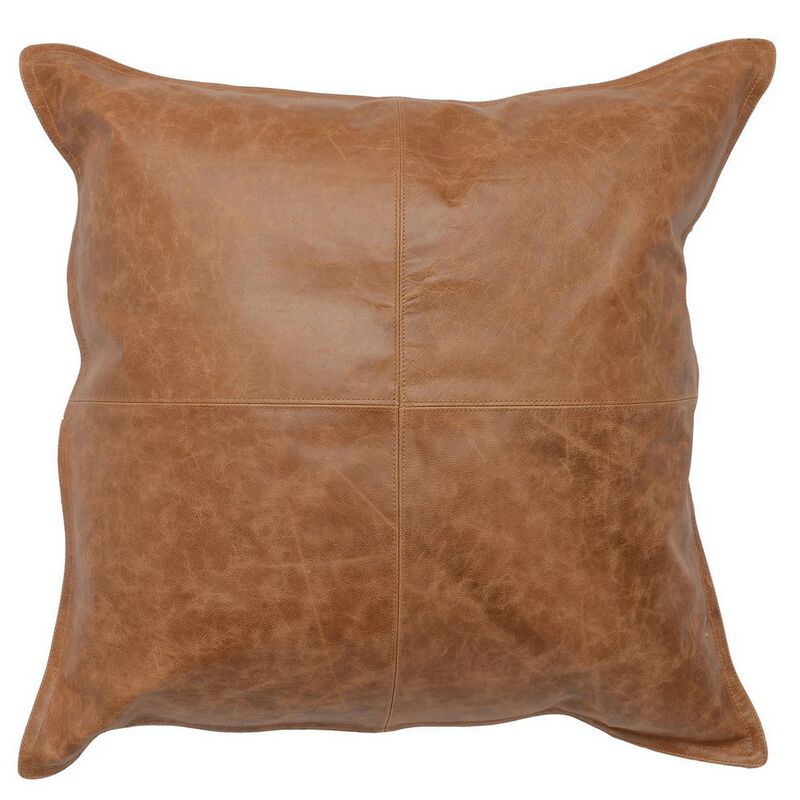 Square Leatherette Throw Pillow with Stitched Details, Brown-Benzara