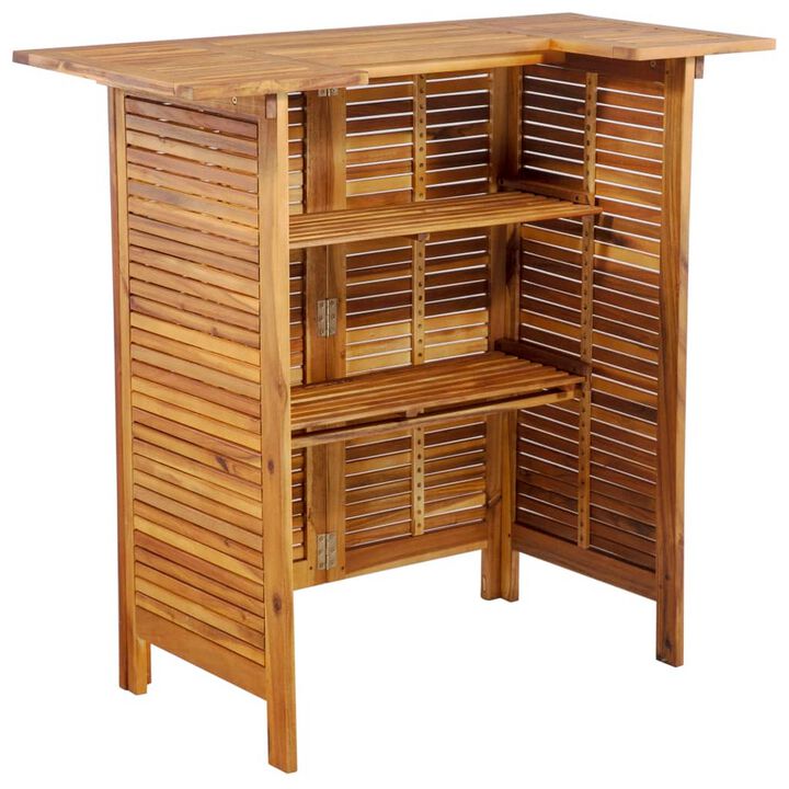 Outdoor Bar Counter Table w Shelves, 43 Inch Brown Solid Acacia Wood - Benzara