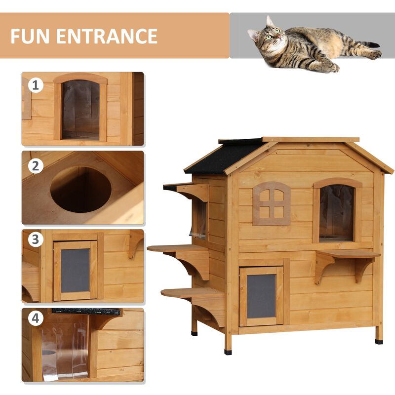 Natural Cat Condo: 2-Story Wooden Outdoor Shelter with 4 Platforms