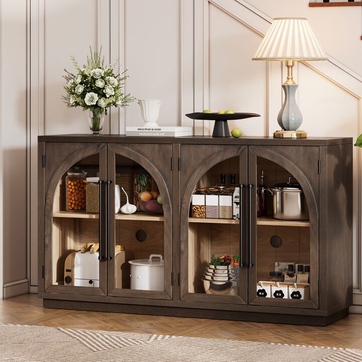 TREXM 4-Door Large Storage Sideboard Buffet Cabinet with Glass Doors, Arched Cabinet with Adjustable Shelves for Kitchen, Dining Room and Living Room (Natural Wood)
