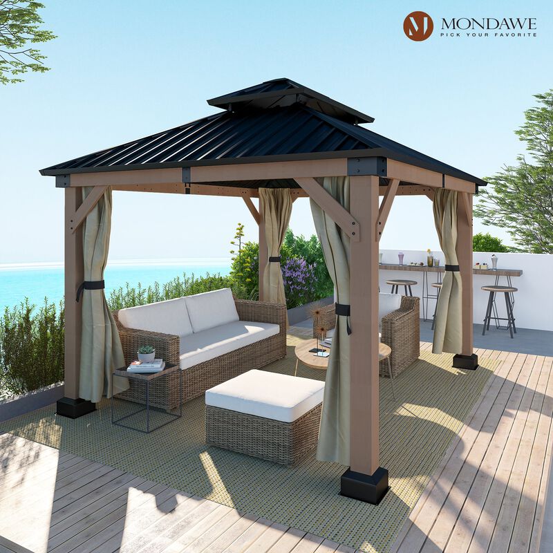 Mondawe Beverly Hills 10 ft. x 12 ft. Outdoor Fir Solid Wood Frame Patio Gazebo Canopy Shelter Galvanized Steel Hardtop Curtain