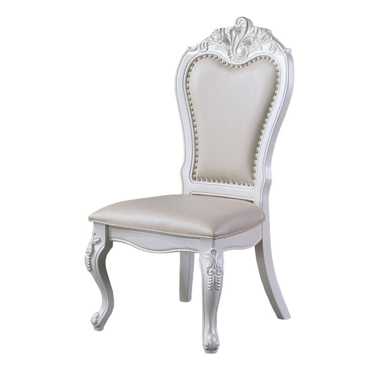 Zenie Dining Side Chair Set of 2, Carved Cabriole, Faux Leather, White Wood