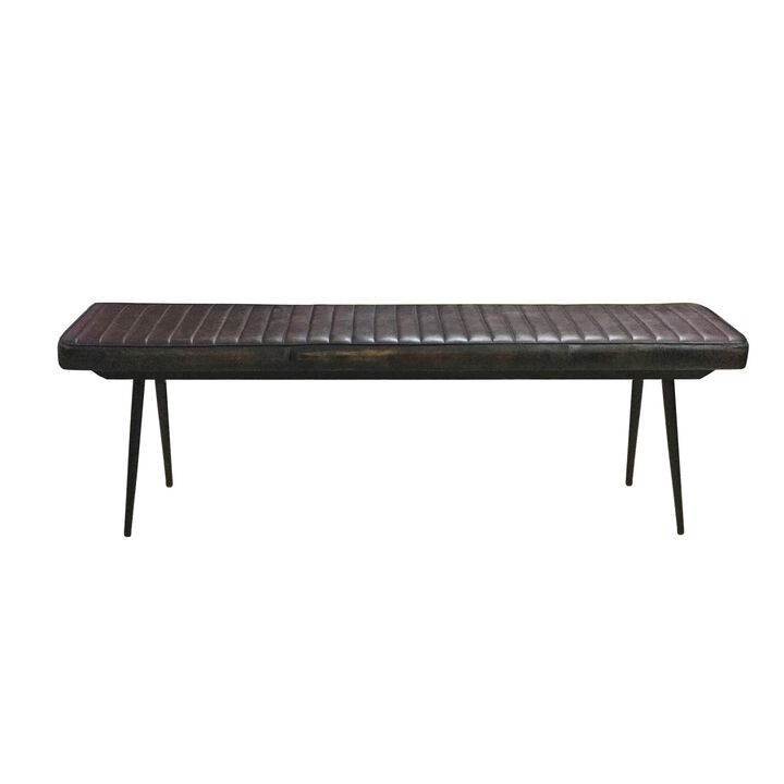 Mia 54 Inch Bench, Hand Dyed Espresso Brown Leather, Vertical Tufting -Benzara