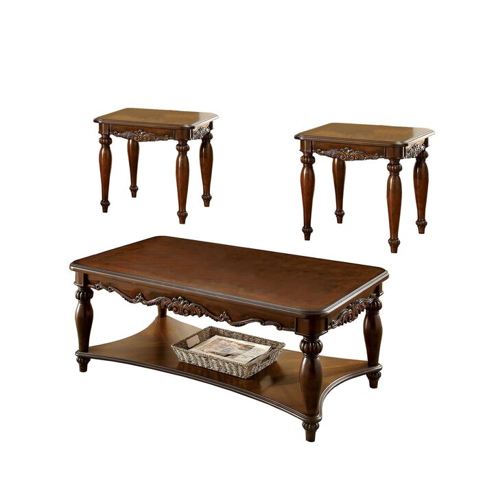 Wooden Coffee & End Tables Set, Cherry Brown, Pack of 3-Benzara