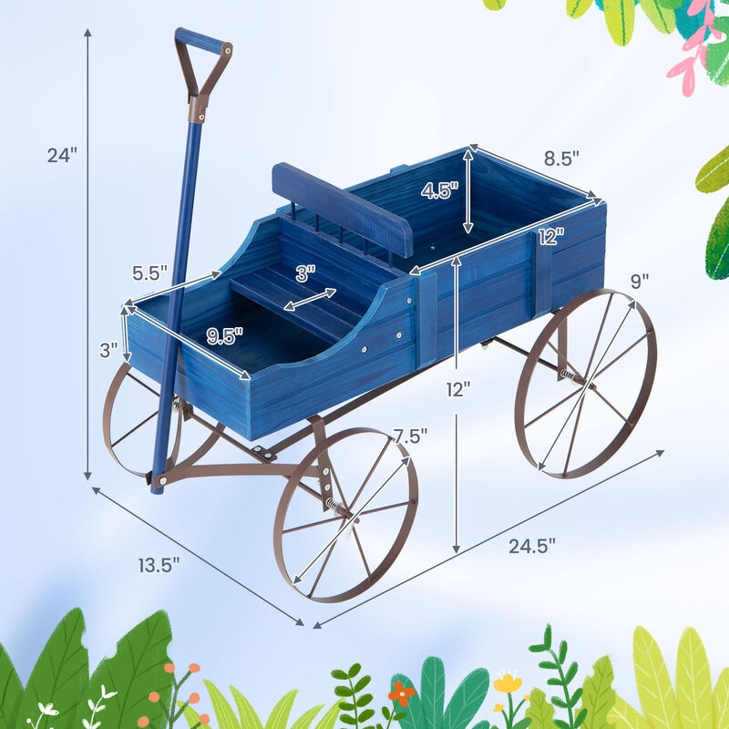 Wooden Wagon Plant Bed With Wheel for Garden Yard