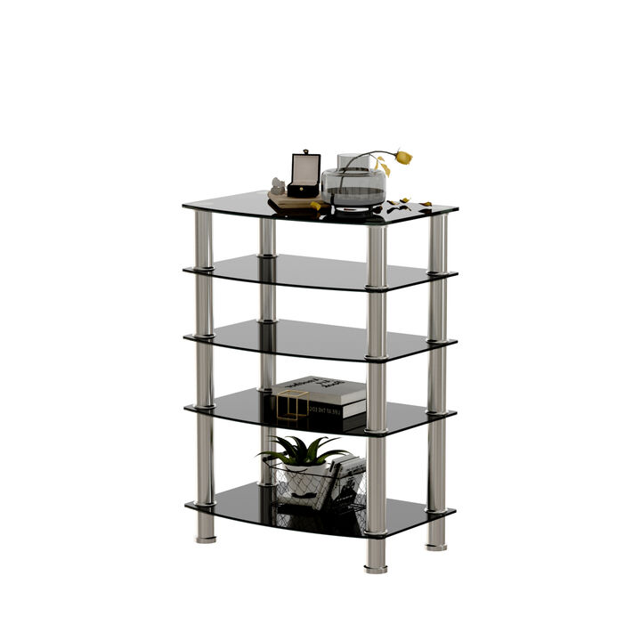 5-Tier Tempered Glass Side Table Stainless Steel Frame End Table For Living Room, Bedroom, Black