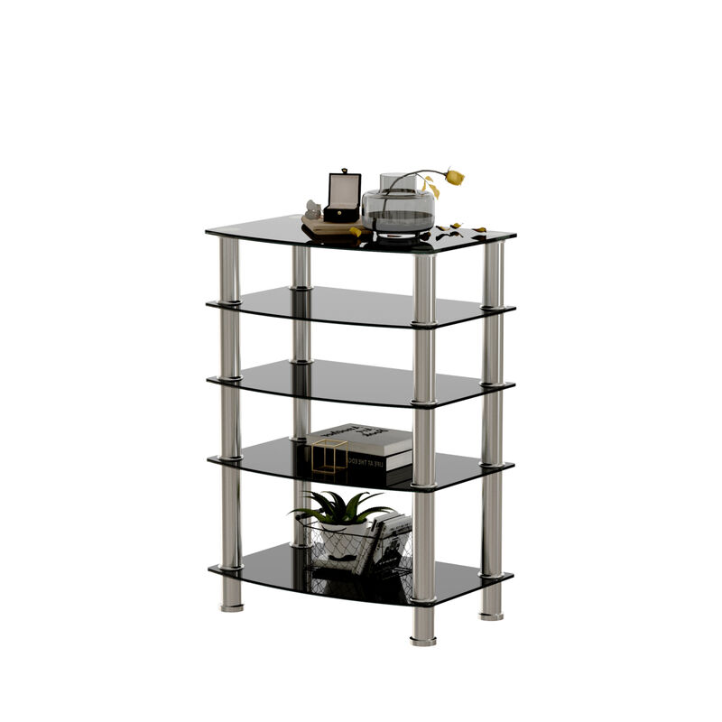 5-Tier Tempered Glass Side Table Stainless Steel Frame End Table For Living Room, Bedroom, Black