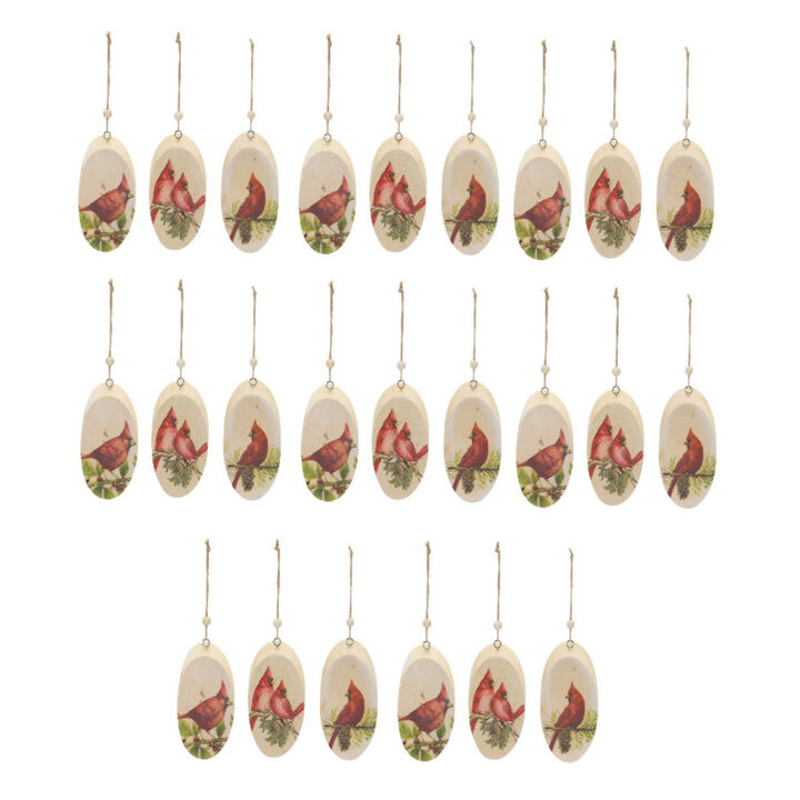 Wood Cardinal Bird Tree Disc Ornament (Set of 24)