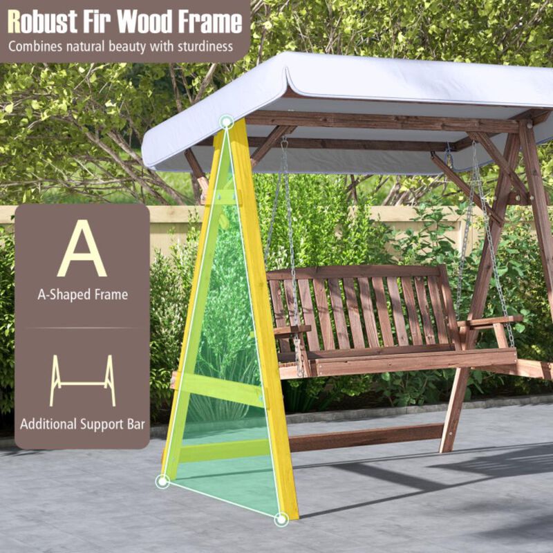 Hivvago 2-Person Porch Swing with Fir Wood Stand and Tilt Canopy