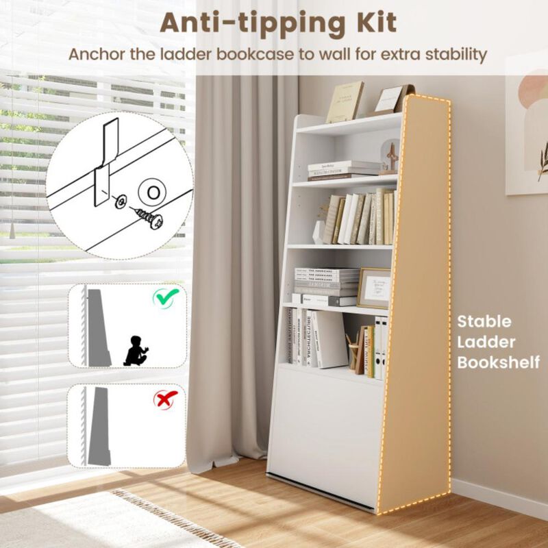 Hivvago 6-Tier Bookcase Freestanding Ladder Bookshelf with 2 Adjustable Shelves and Flip Up Door