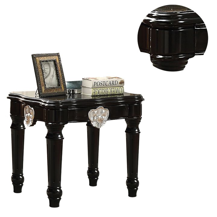 Wooden End Table With Contrast Carved Motif Turned Legs, Black-Benzara