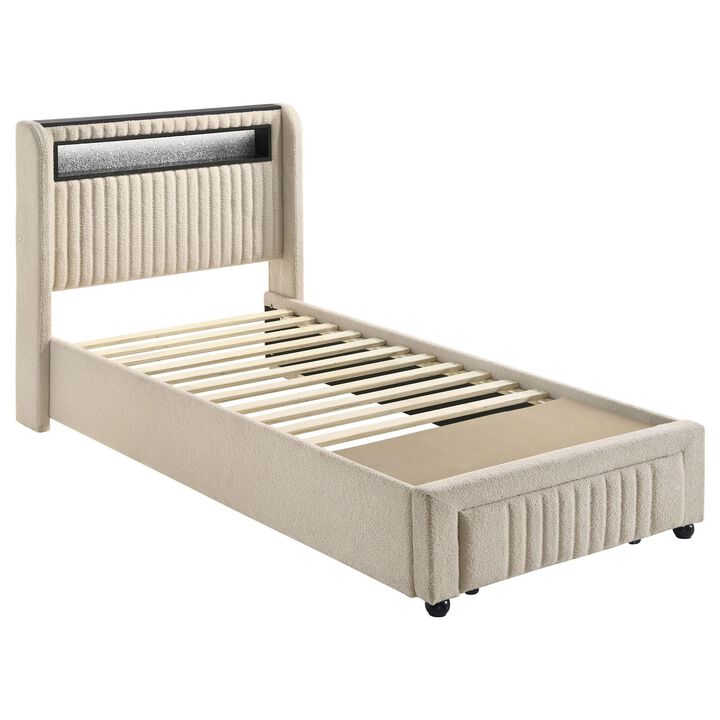 Madie Twin Platform Bed, LED and Storage, Cream Channel Tufted Boucle - Benzara