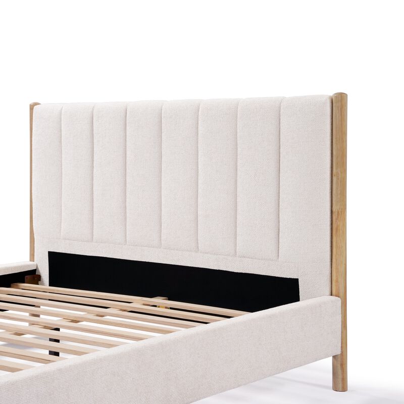 LuxenHome Vertical Rolls Upholstered Headboard with Rubberwood Legs Platform Bed, Queen